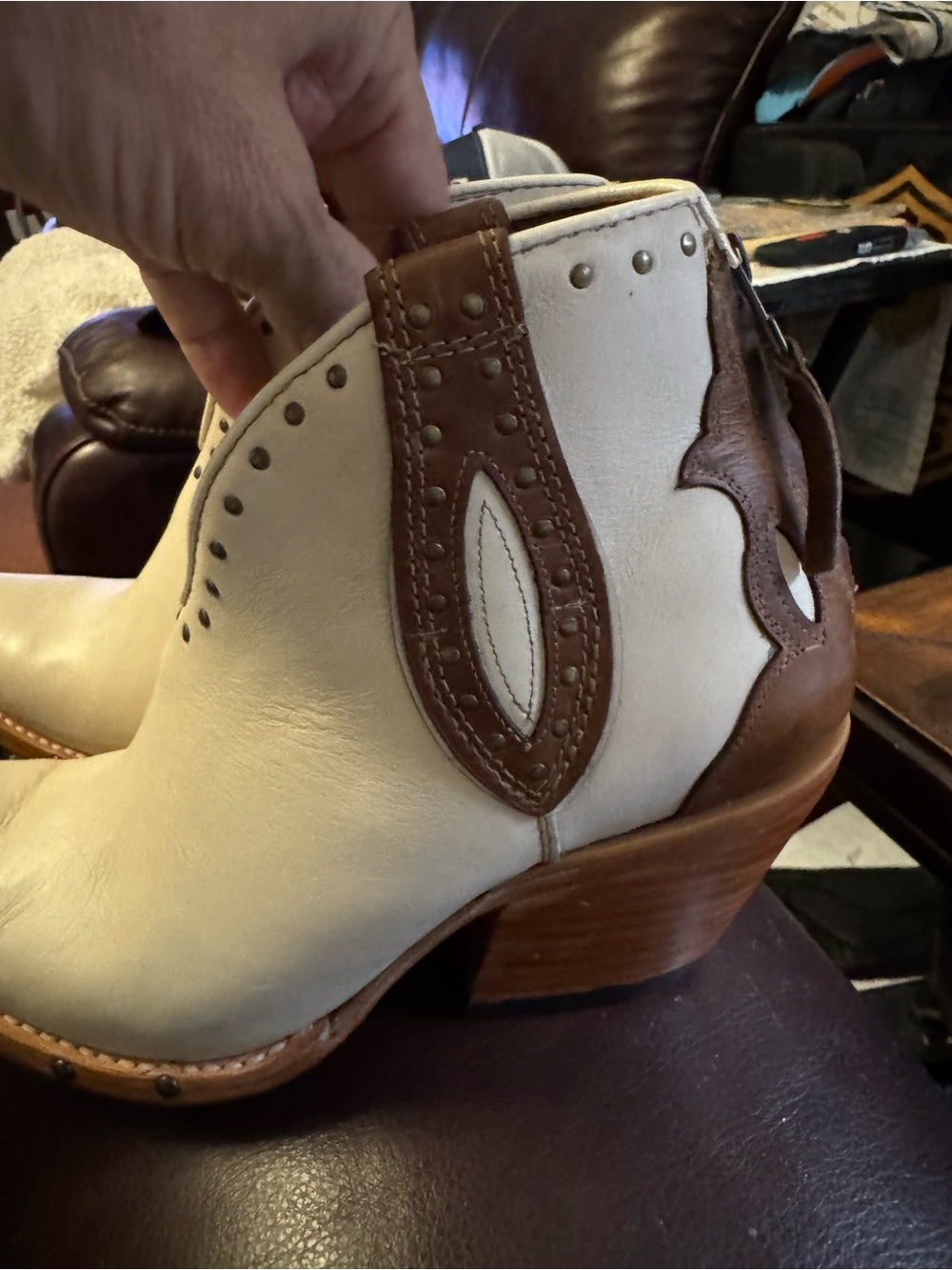 Cream Ariat Leather Western Ankle Booties with Stud Trim - Picture 2 of 5